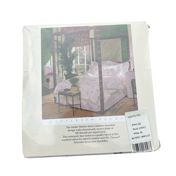 VTG Atelier Martex Twin Flat Sheet White Battersea Bouquet 39" x 57" 250 Count - Picture 2 of 2